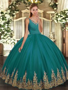 Fashion Floor Length Ball Gowns Sleeveless Teal 15 Quinceanera Dress Backless