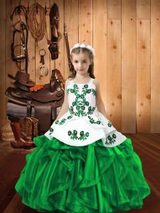 Custom Design Green Sleeveless Embroidery and Ruffles Floor Length Little Girls Pageant Gowns