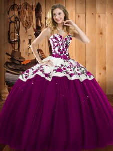 Classical Fuchsia Sleeveless Floor Length Embroidery Lace Up Ball Gown Prom Dress