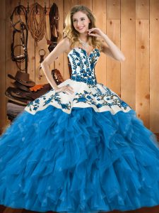 Teal Sweetheart Neckline Embroidery and Ruffles Quinceanera Gowns Sleeveless Lace Up