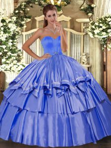 Lovely Floor Length Blue 15th Birthday Dress Taffeta Sleeveless Beading and Ruffled Layers