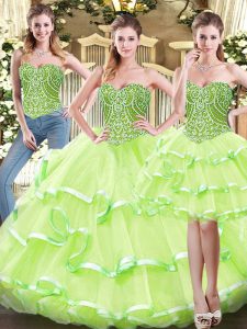 Sleeveless Organza Floor Length Lace Up Ball Gown Prom Dress in Yellow Green with Ruffled Layers