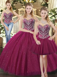 Customized Floor Length Three Pieces Sleeveless Fuchsia Ball Gown Prom Dress Lace Up