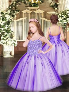 Lavender Spaghetti Straps Lace Up Appliques Little Girls Pageant Gowns Sleeveless