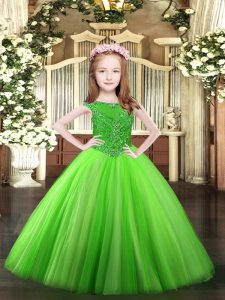 Stunning Floor Length Kids Formal Wear Tulle Sleeveless Beading