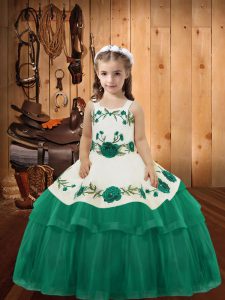 Floor Length Turquoise Little Girl Pageant Dress Organza Sleeveless Embroidery and Ruffled Layers