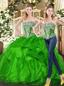 Beading and Ruffles Quince Ball Gowns Green Lace Up Sleeveless Floor Length