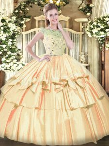 Exquisite Champagne Sleeveless Beading and Ruffled Layers Floor Length Quinceanera Dresses