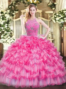 Clearance Hot Pink Halter Top Zipper Beading and Ruffled Layers 15 Quinceanera Dress Sleeveless