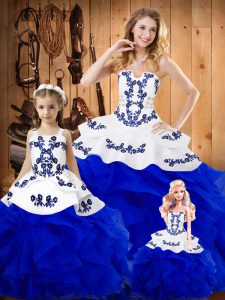 Elegant Sleeveless Tulle Floor Length Lace Up Sweet 16 Quinceanera Dress in Royal Blue with Embroidery and Ruffles