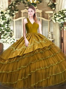 Designer Brown Ball Gowns Embroidery and Ruffled Layers Sweet 16 Quinceanera Dress Zipper Satin and Organza Sleeveless Floor Length