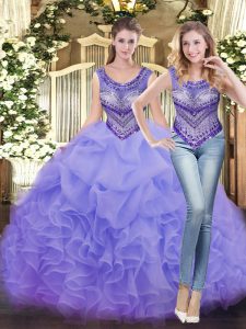 Decent Lavender Ball Gowns Tulle Scoop Sleeveless Beading and Ruffles Floor Length Lace Up 15th Birthday Dress