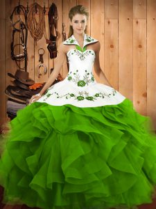 Fashionable Ball Gowns Halter Top Sleeveless Tulle Floor Length Lace Up Embroidery and Ruffles Sweet 16 Quinceanera Dress