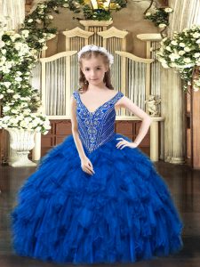 Latest Royal Blue Sleeveless Organza Lace Up Little Girls Pageant Dress for Party and Quinceanera