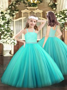 Floor Length Ball Gowns Sleeveless Turquoise Little Girls Pageant Dress Zipper