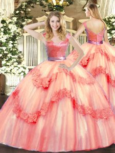 Watermelon Red Ball Gowns V-neck Sleeveless Tulle Floor Length Zipper Beading and Appliques Quince Ball Gowns