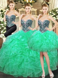 Turquoise 15th Birthday Dress Military Ball and Sweet 16 and Quinceanera with Beading and Ruffles Sweetheart Sleeveless Lace Up