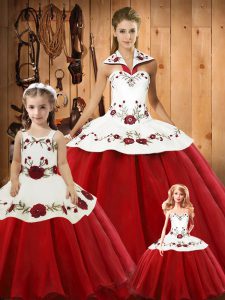 Best Selling Floor Length Wine Red Quinceanera Dress Halter Top Sleeveless Lace Up