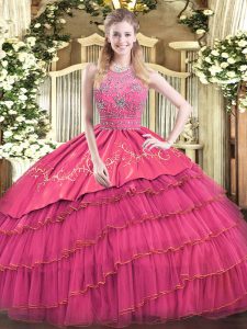 Chic Hot Pink Ball Gowns Satin and Tulle Halter Top Sleeveless Beading and Embroidery and Ruffled Layers Floor Length Zipper Sweet 16 Dress