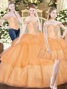 Elegant Off The Shoulder Sleeveless Organza 15th Birthday Dress Beading and Ruffled Layers Lace Up