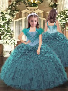 Floor Length Teal Little Girls Pageant Gowns Straps Sleeveless Lace Up