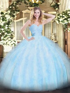 Shining Light Blue Sleeveless Floor Length Beading and Ruffles Lace Up Quinceanera Gown