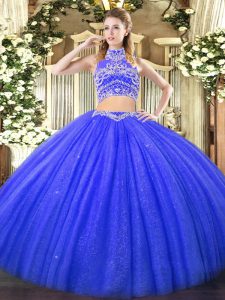 High Quality Blue High-neck Neckline Beading Quince Ball Gowns Sleeveless Backless