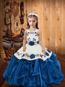 Blue Ball Gowns Organza Straps Sleeveless Embroidery and Ruffles Floor Length Lace Up Little Girls Pageant Dress