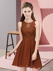 Brown Chiffon Zipper Scoop Sleeveless Mini Length Dama Dress for Quinceanera Appliques