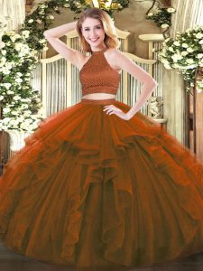 Halter Top Sleeveless Quinceanera Dresses Floor Length Beading and Ruffles Brown Tulle