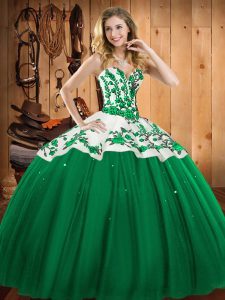 High End Sweetheart Sleeveless Satin and Tulle Quince Ball Gowns Embroidery Lace Up