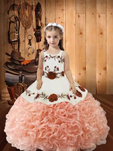 High Quality Sleeveless Floor Length Embroidery and Ruffles Lace Up Child Pageant Dress with Peach