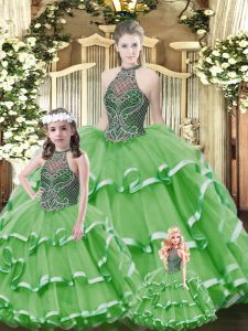 Shining Sleeveless Floor Length Beading and Ruffled Layers Lace Up Vestidos de Quinceanera with Green