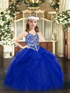 Perfect Royal Blue Straps Neckline Beading and Ruffles Pageant Dress for Womens Sleeveless Lace Up