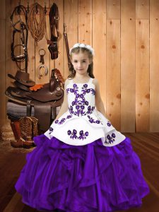 Eggplant Purple Sleeveless Floor Length Embroidery and Ruffles Lace Up Pageant Gowns For Girls