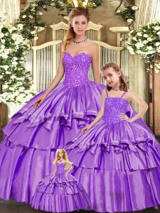 Sumptuous Floor Length Lace Up 15th Birthday Dress Eggplant Purple for Military Ball and Sweet 16 and Quinceanera with Beading and Ruffled Layers