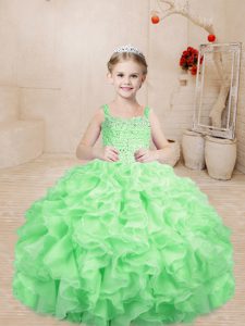 Hot Sale Straps Sleeveless Little Girls Pageant Dress Wholesale Floor Length Beading and Ruffles Apple Green Organza