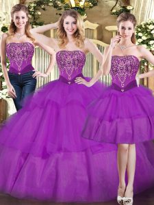 Most Popular Eggplant Purple Sleeveless Floor Length Beading and Ruffled Layers Lace Up Quince Ball Gowns