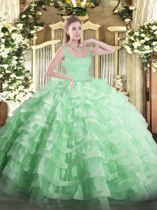 Apple Green Straps Zipper Beading and Ruffled Layers Sweet 16 Quinceanera Dress Sleeveless