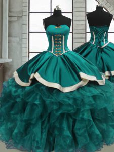 Teal Ball Gowns Sweetheart Sleeveless Organza Floor Length Lace Up Beading and Ruffles Quinceanera Gowns