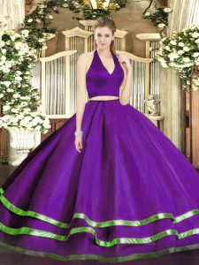 Eye-catching Tulle Halter Top Sleeveless Zipper Ruffled Layers Quince Ball Gowns in Purple