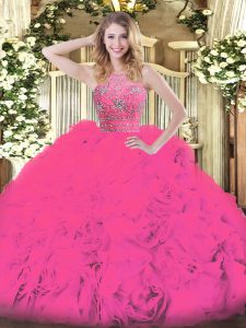 Customized Hot Pink Sweet 16 Quinceanera Dress Military Ball and Sweet 16 and Quinceanera with Beading and Ruffles Halter Top Sleeveless Zipper