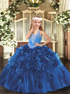 Organza V-neck Sleeveless Lace Up Beading and Ruffles Little Girls Pageant Dress Wholesale in Blue