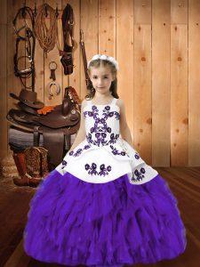 Embroidery and Ruffles Little Girls Pageant Dress Wholesale Eggplant Purple Lace Up Sleeveless Floor Length