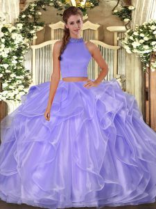 Lavender Two Pieces Beading and Ruffles Sweet 16 Dress Side Zipper Organza Sleeveless Floor Length