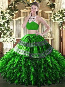 Green Two Pieces Beading and Ruffles Ball Gown Prom Dress Backless Tulle Sleeveless Floor Length