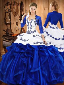 Discount Blue Satin and Organza Lace Up Sweet 16 Quinceanera Dress Sleeveless Floor Length Embroidery and Ruffles