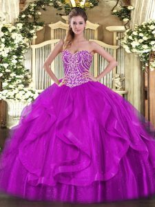 Eye-catching Fuchsia Ball Gowns Organza Sweetheart Sleeveless Beading and Ruffles Floor Length Lace Up 15 Quinceanera Dress