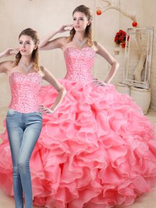 Ideal Watermelon Red Ball Gowns Beading and Ruffles Sweet 16 Quinceanera Dress Lace Up Organza Sleeveless Floor Length