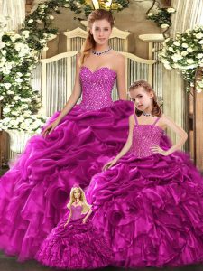 Affordable Sweetheart Sleeveless Vestidos de Quinceanera Floor Length Beading and Ruffles Fuchsia Organza